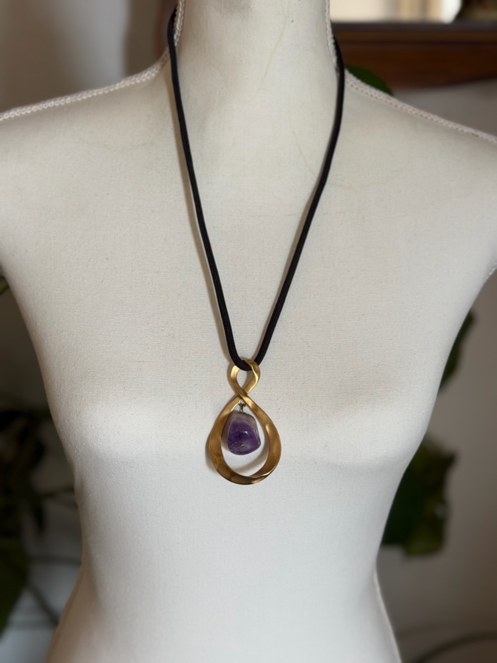 Vintage Avon Gold Teardrop & Purple Amethyst Dangle Gemstone Silk Cord Necklace
